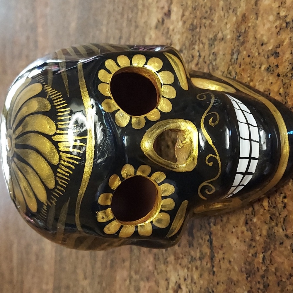 Skull Black and Gold Glazed Clay Hand painted made in Mexico.
